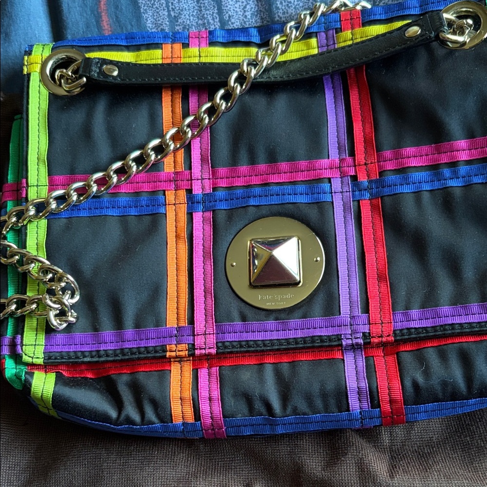Kate Spade Sorbonne Square Evangeline Black Bag with Multicolor Plaid